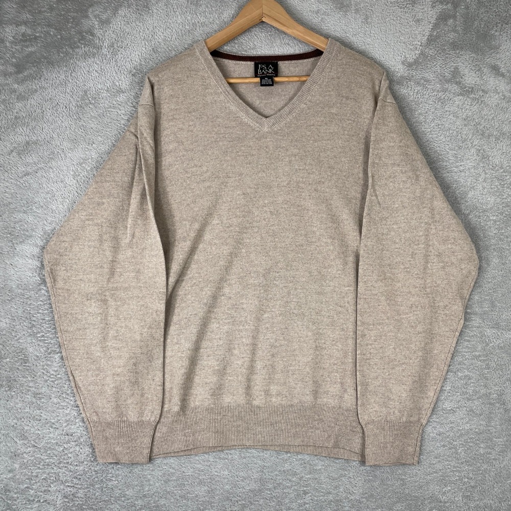 Jos A Bank Sweater Mens XL Tan Italian Merino Wool‎ V Neck Signature Collection